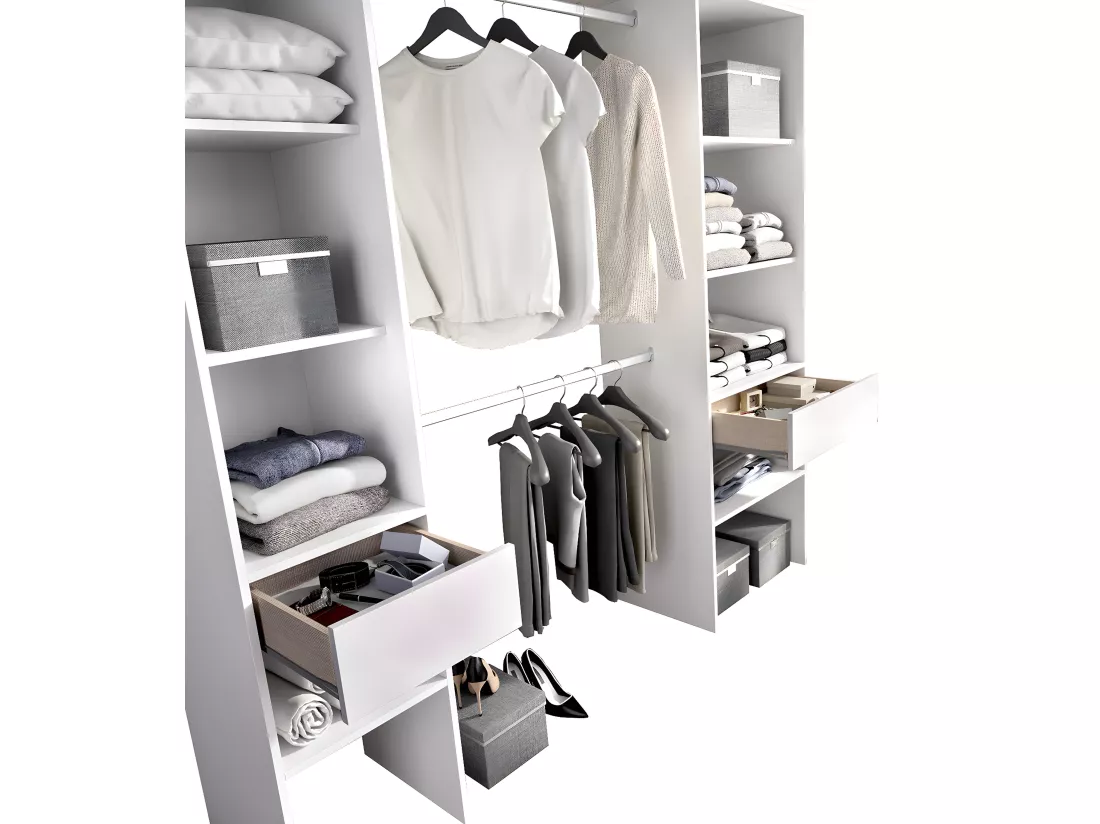 Armoire dressing en bois mélaminé avec 2 colonnes et 2 tiroirs coloris blanc - Longueur 160 x Profondeur 50 x Hauteur 185 cm