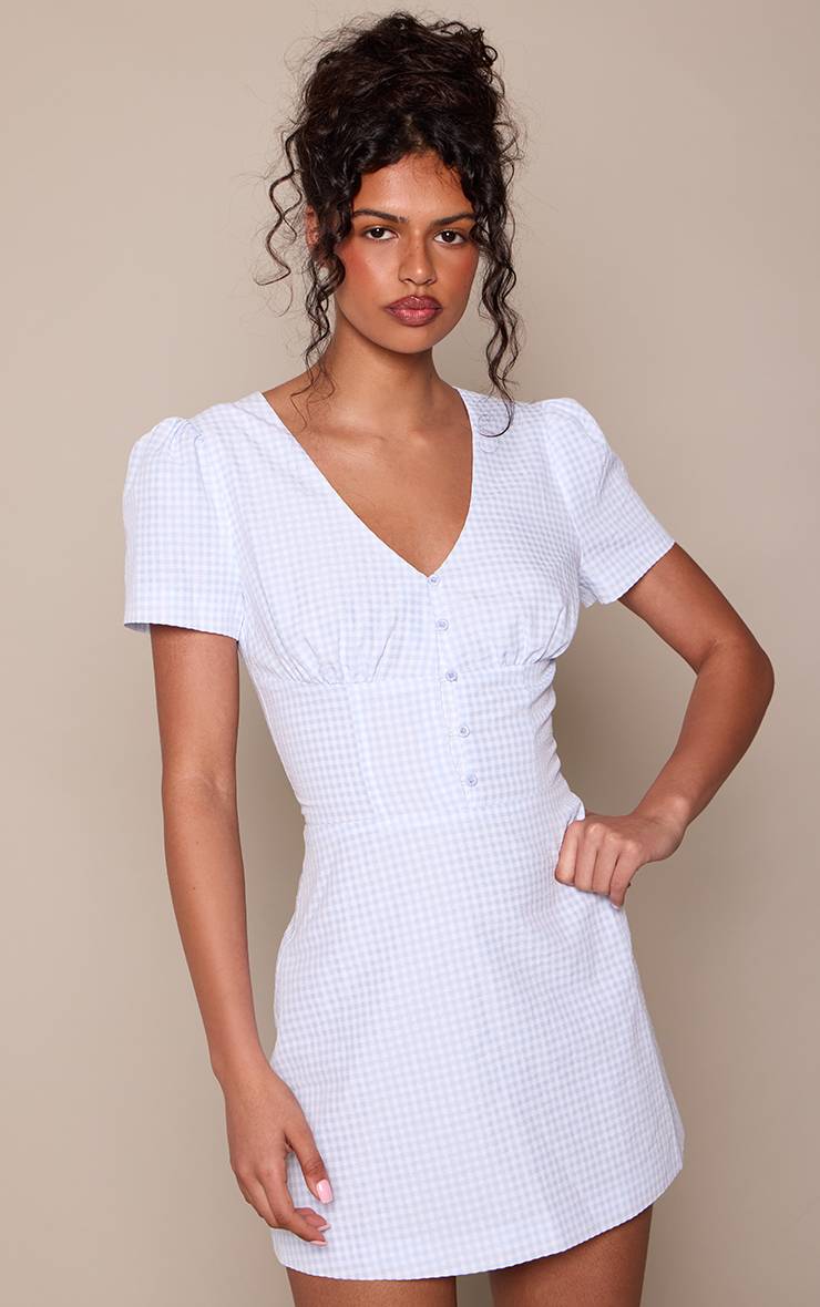 Bleu Layette Robe Droite À Carreaux À Manches Courtes Avec Boutonnage