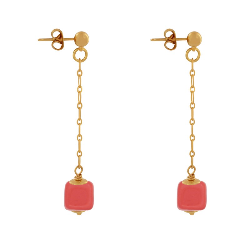 Boucles d'Oreilles Chainette Laiton Doré et Cube en Céramique
