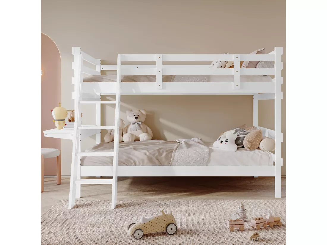 Lit superposé pour enfants 90x200cm, avec escalier, design barrière de sécurité, bureau, pin + MDF, blanc