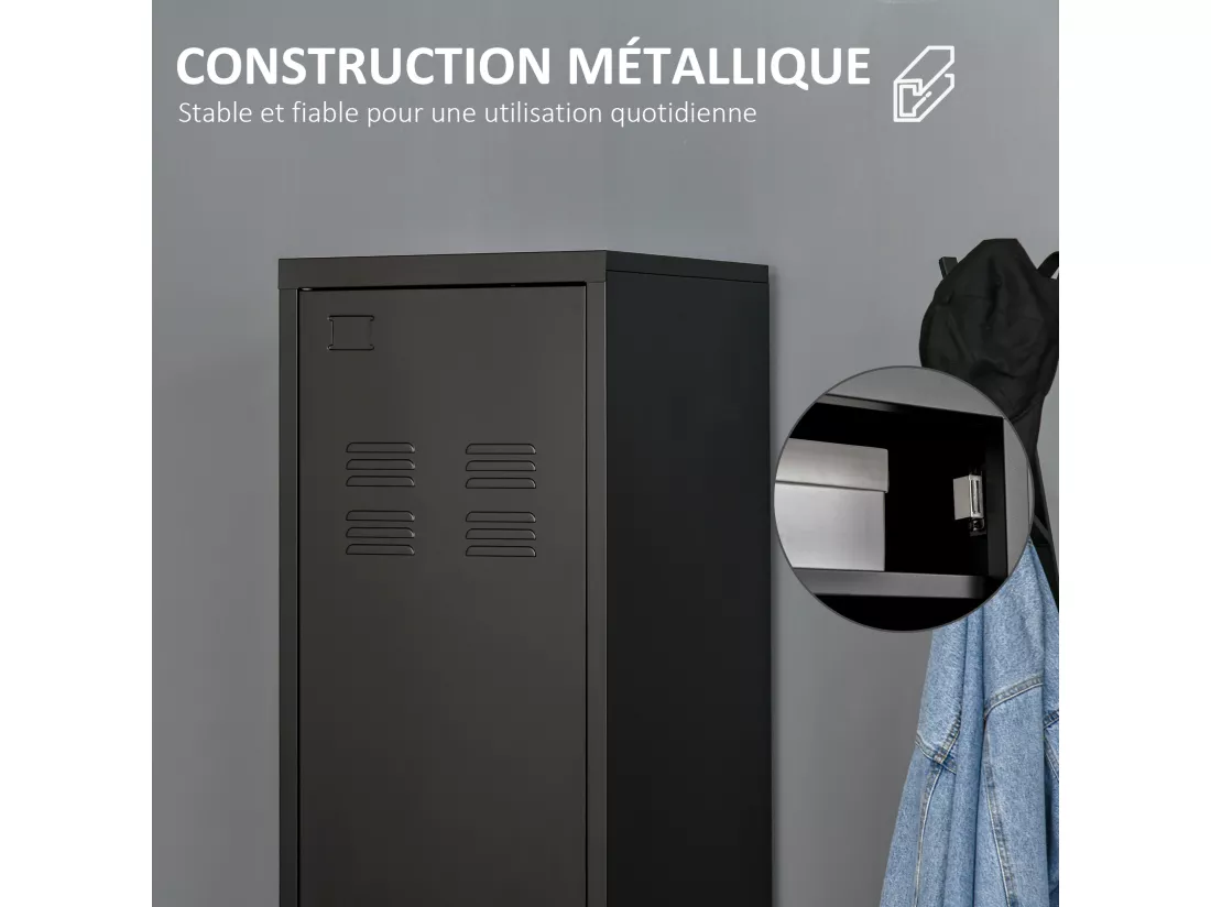 Armoire vestiaire métal design industriel - barre penderie, 3 étagères - dim. 43L x 50l x 180H cm - métal noir