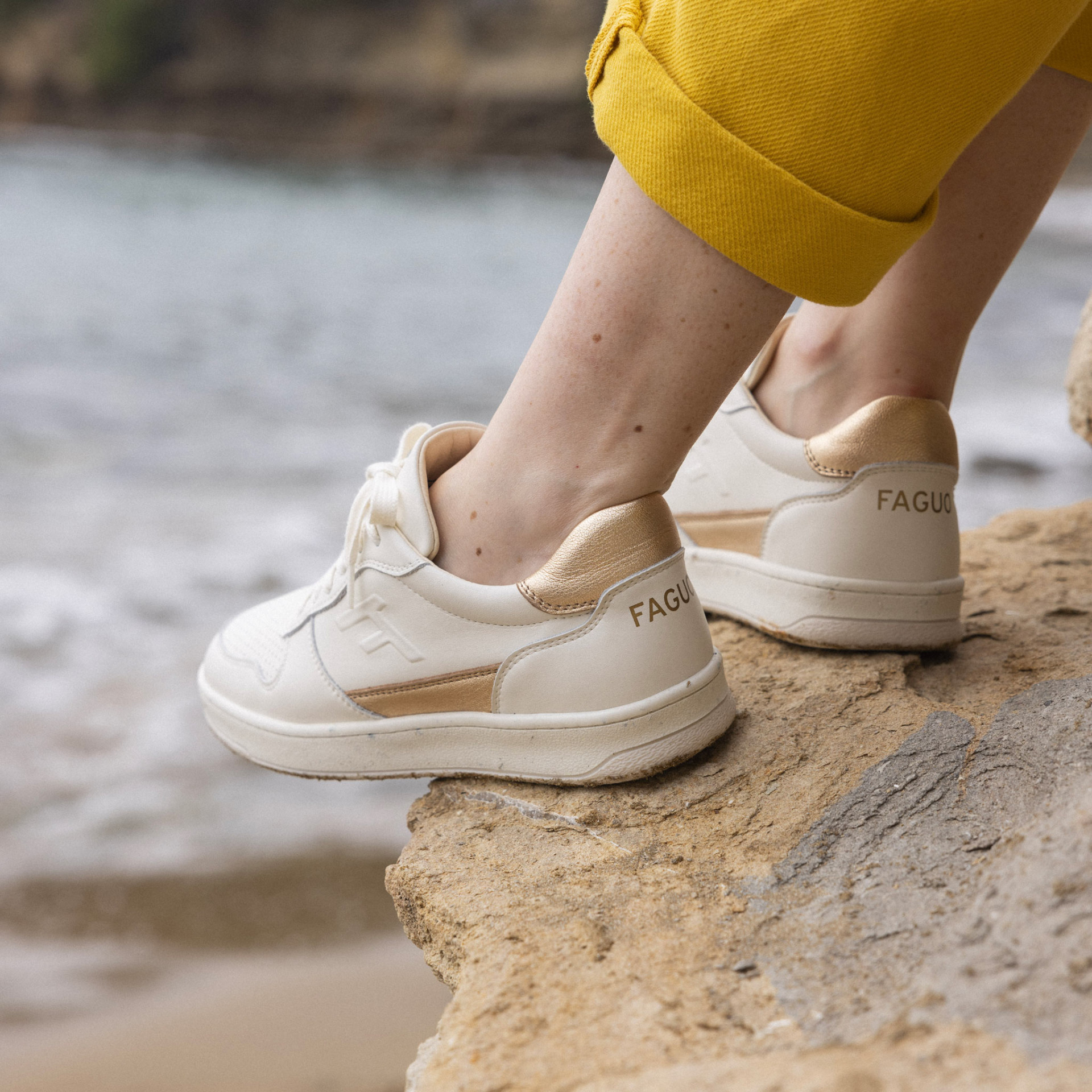 Baskets crème & dorée Cuir - modèle Alder