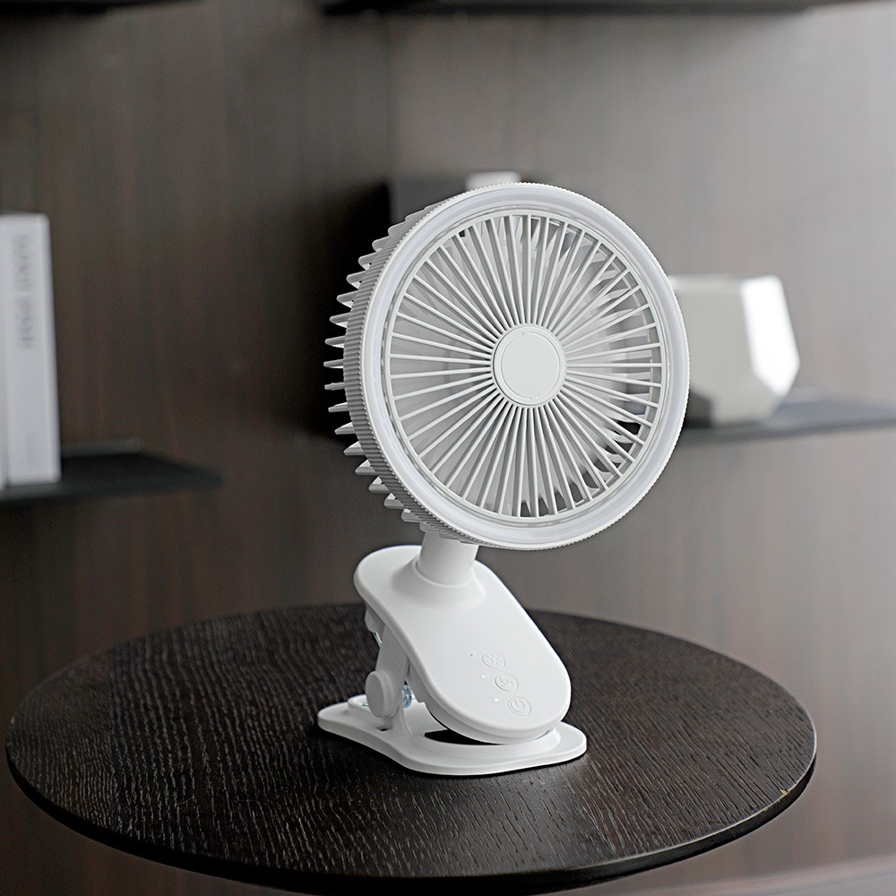 (Ø15cm) USB Ventilator LED Lüfter Wiederaufladbar 2400mAh   Clip Tischhalterung - Weiss