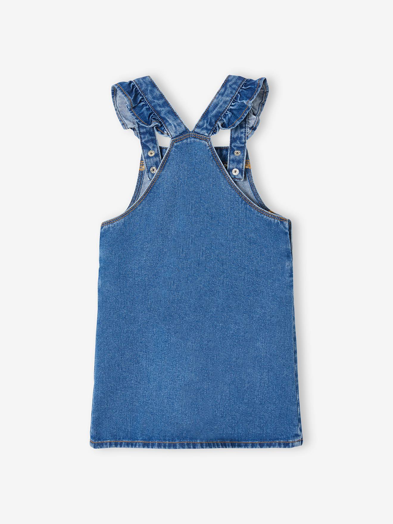 Vestido jardineira jeans com alças franzidas, para meninas, lavagem azul escura