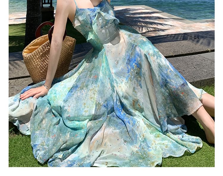 BOHEME - Spaghettibandjes Tie Dye Ruffle Trim Midi A-lijn Jurk