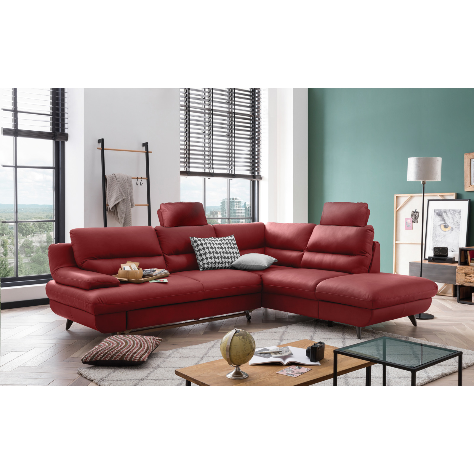 Ecksofa Pike Leder, Ottomane rechts rot