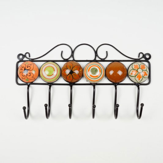 Wandhaken 6fach, handglasiert, braun, orange, L 27 cm, B 4,5 cm, H 15 cm von fischer's lagerhaus