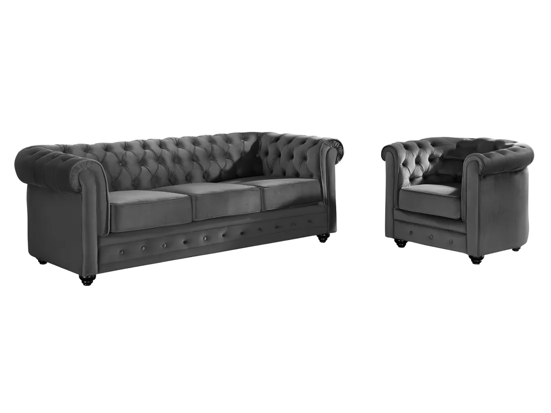 Canapé 3 places et fauteuil CHESTERFIELD - Velours anthracite