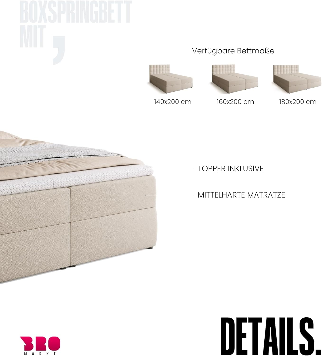 BROMARKT Boxspringbett mit Bonell Matratze und Bettkasten Doppelbett mit Topper 140x200cm Härtegrad H3 Bett für Schlafzimmer gepolsterte Kopfstütze Detroit Beige