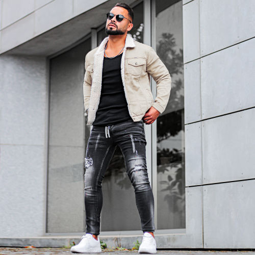 Veste Jean Super Skinny Fit Col Mouton 7001 Beige Clair