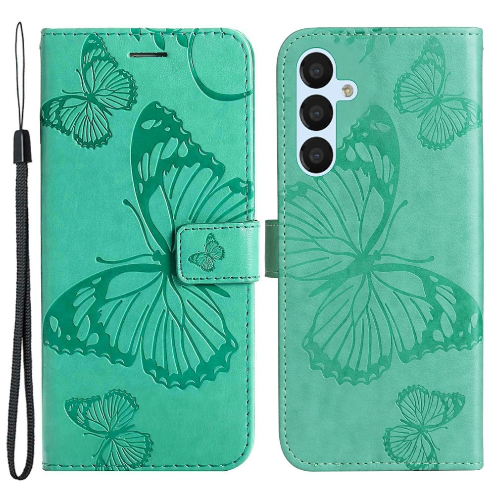 Samsung Galaxy A54 5G Leder Tasche mit Kartenfach   Handschlaufe Schmetterling - Türkis