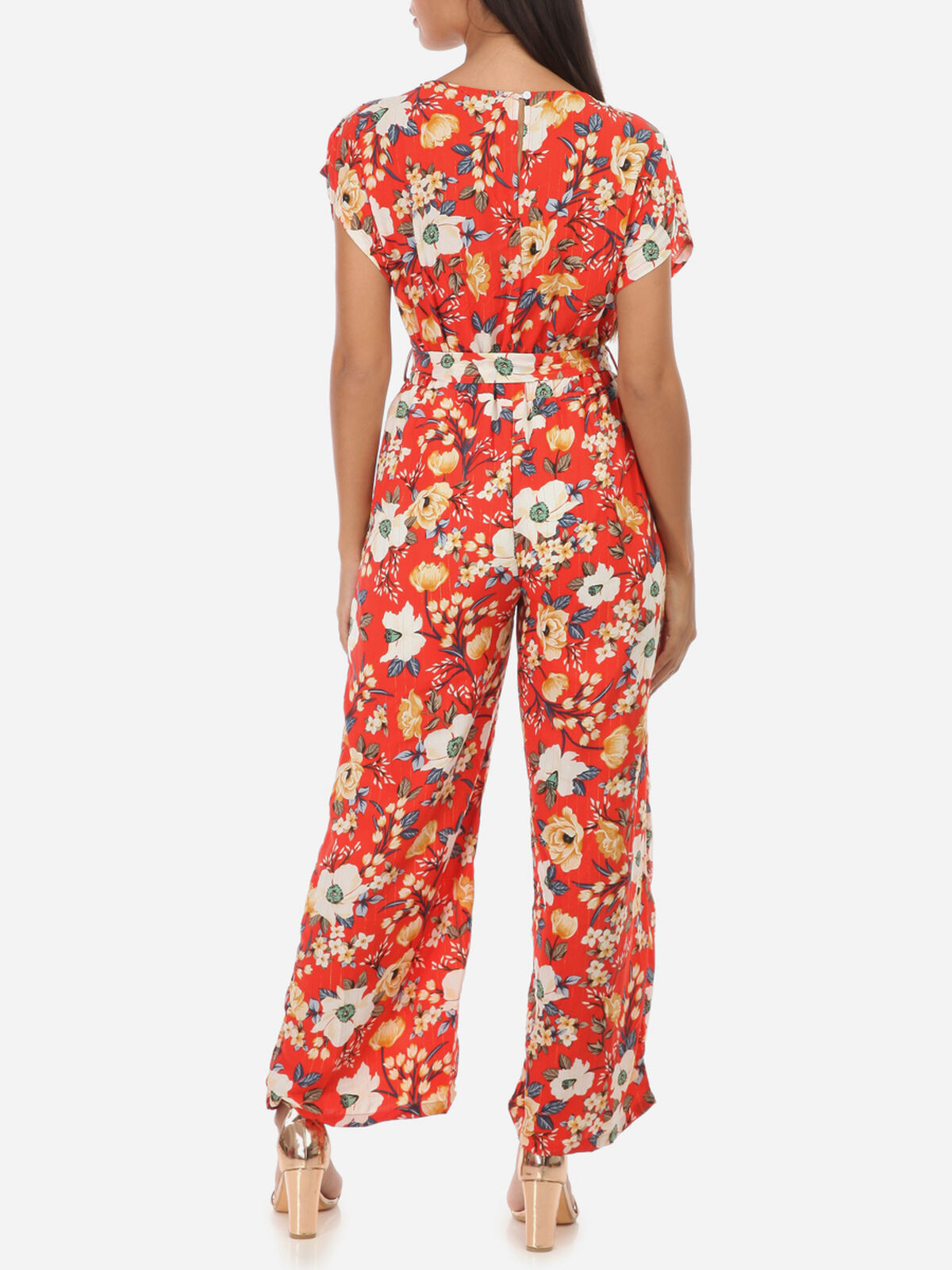 Combinaison fluide motif fleuri manches courtes- Rouge