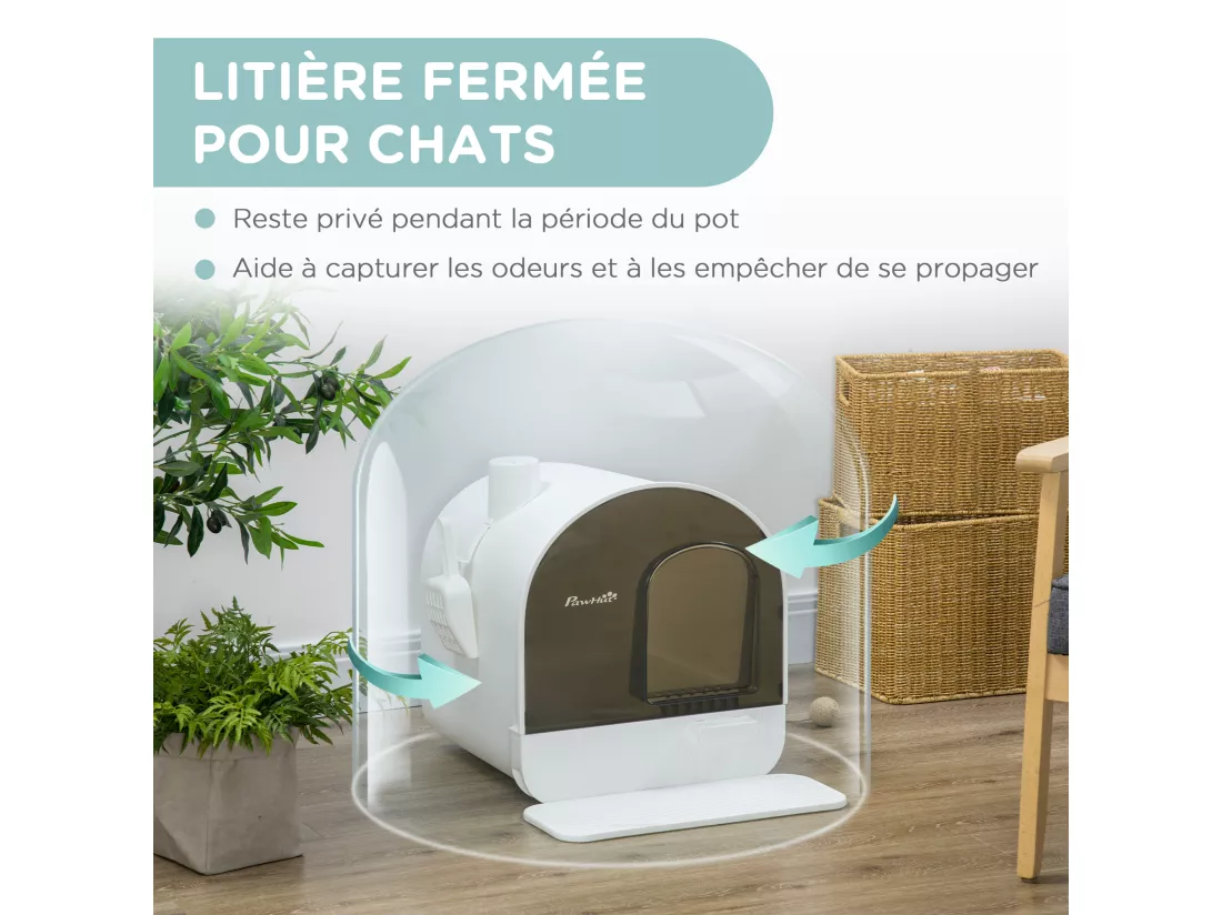 Maison de toilette bac à litière pour chat avec porte battante, pelle et filtre inclus dim. 43L x 44l x 47H cm PP blanc marron fumé