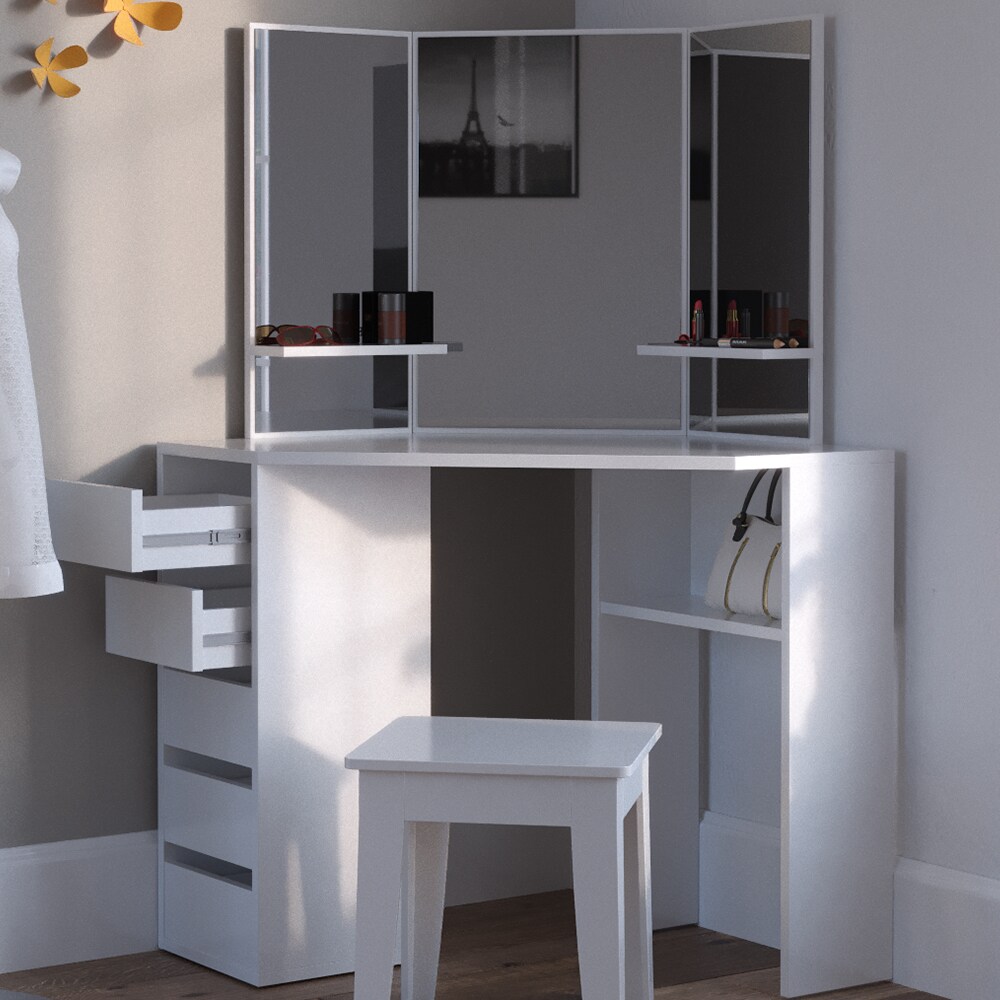 Vicco Eckschminktisch Frisiertisch Schminkkommode Arielle Weiß Spiegel 110x145 cm modern Schlafzimmer Kommode Schublade Ablage Aufbewahrung Kosmetiktisch Schminkkonsole Make-Up-Tisch