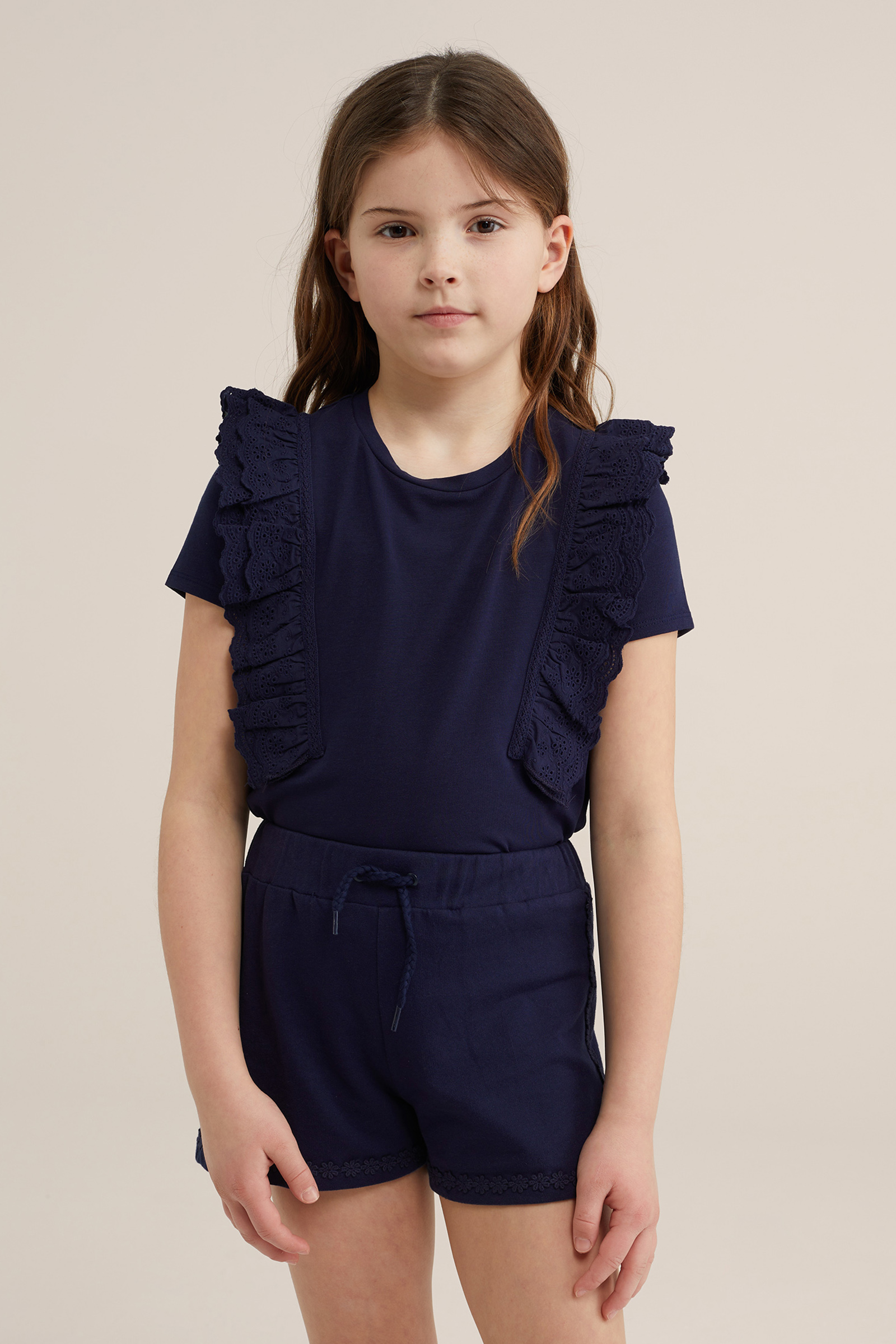 Meisjes T-shirt met ruches WE Fashion Marineblauw