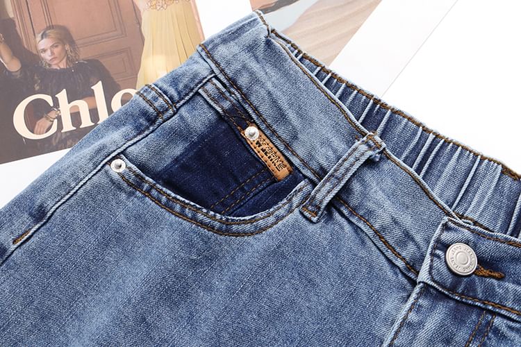 uliaque - Plus Size Elastische Taille Oprolbare Zoom Gewassen Denim Shorts