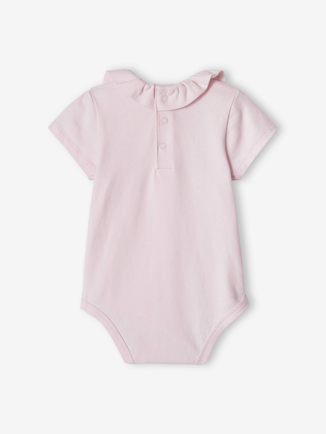 Conjunto de 2 bodies de manga curta para bebê com gola fantasia lilás claro.
