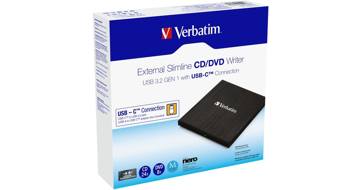 VerbatimExterne slimline CD-DVD brander externe dvd-brander  (USB-C)