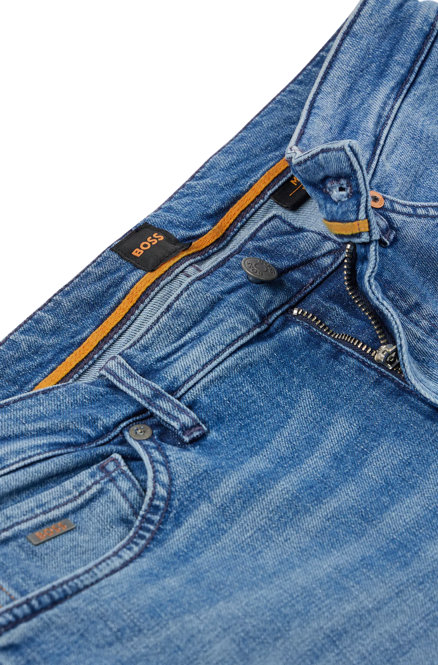 Calça jeans BOSS laranja, corte regular, em denim azul com elasticidade confortável.