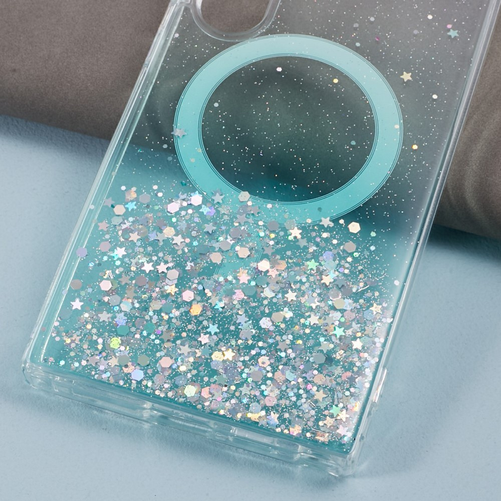 Samsung Galaxy S24 Ultra Hülle mit Acryl Rückseite und Farbverlauf im Glitzer Design MagSafe-Modul - Türkis