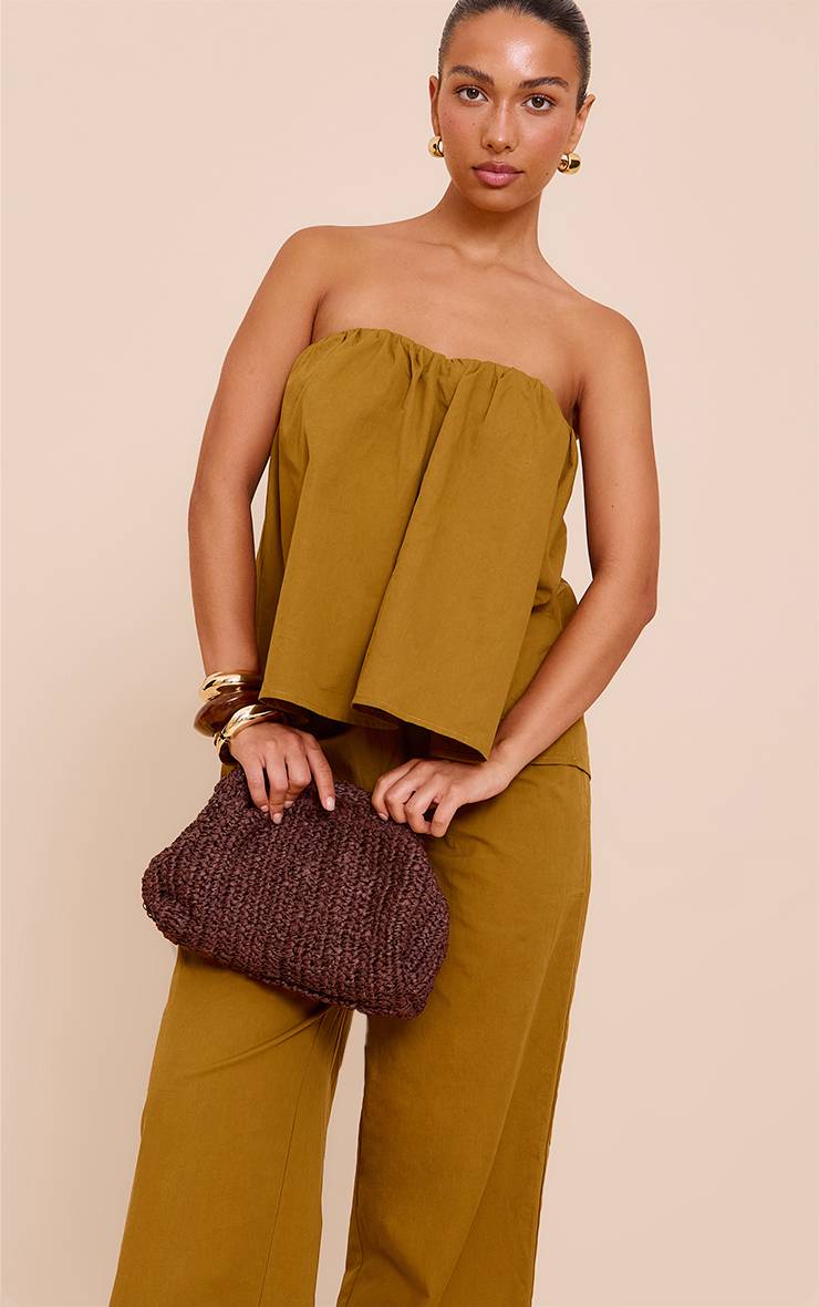 Vert Olive Pantalon Large En Coton Tissé À Taille Élastiquée