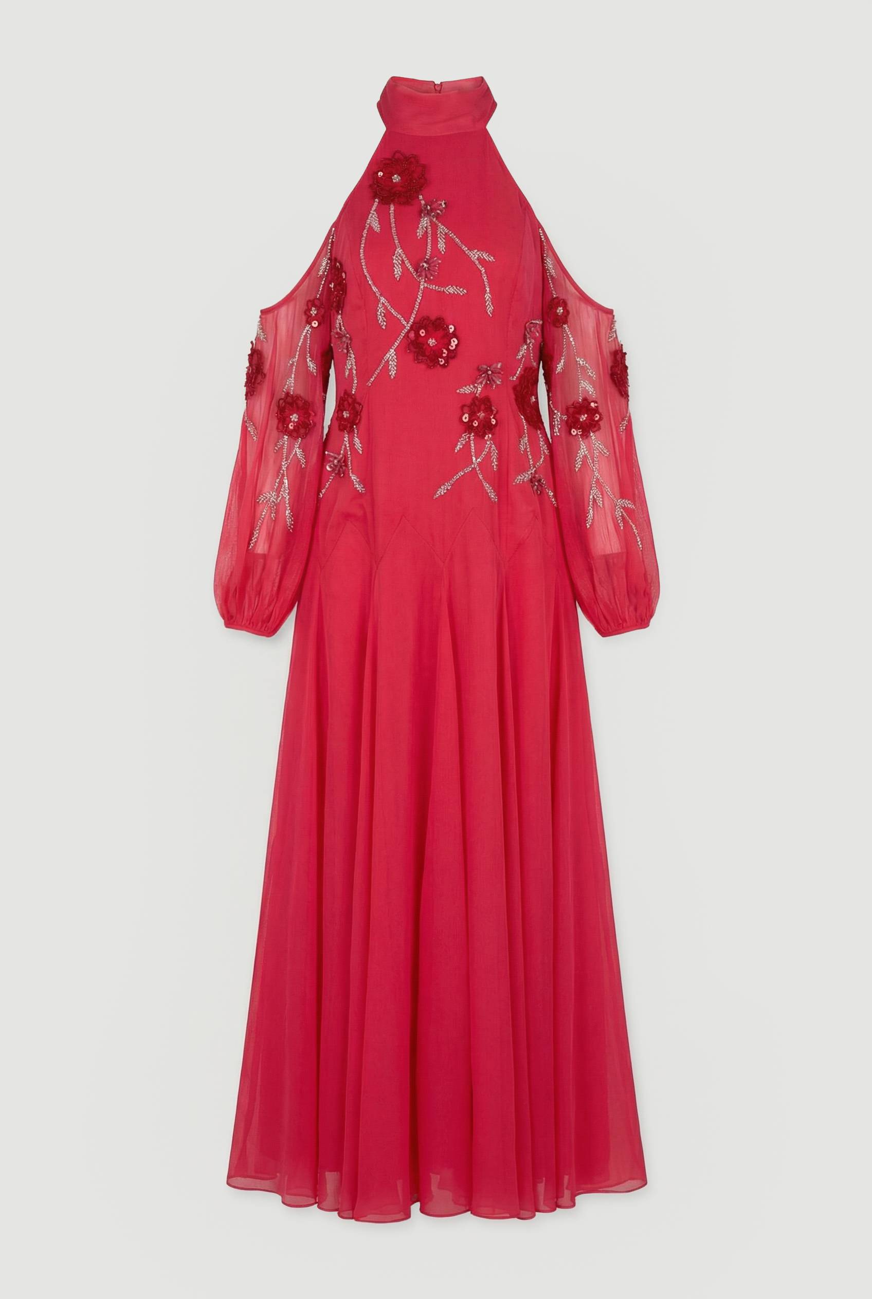 KarenMillen Cold Shoulder 3D Floral Applique Woven Maxi Dress