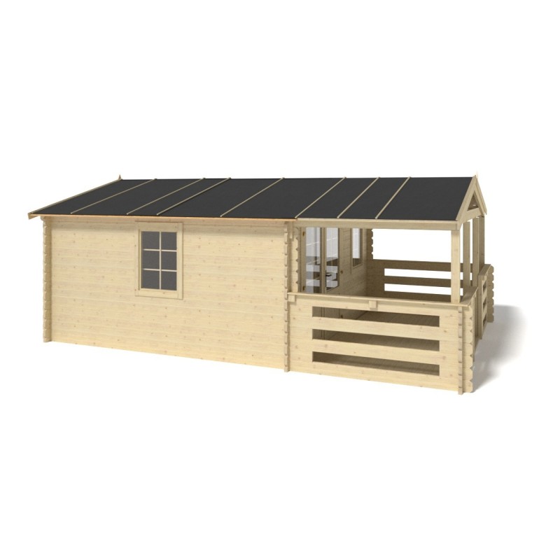 Abri de jardin en bois - 4x4 m - 24 m2 + terrasse avec balustrade et avant-toit en bois