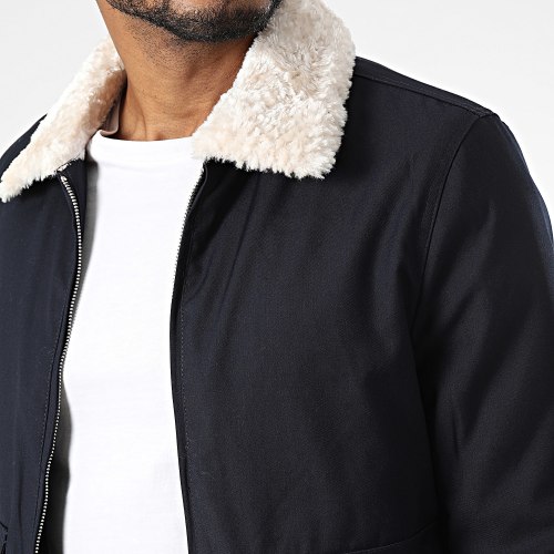 Veste Zippée Col Fourrure Bleu Marine