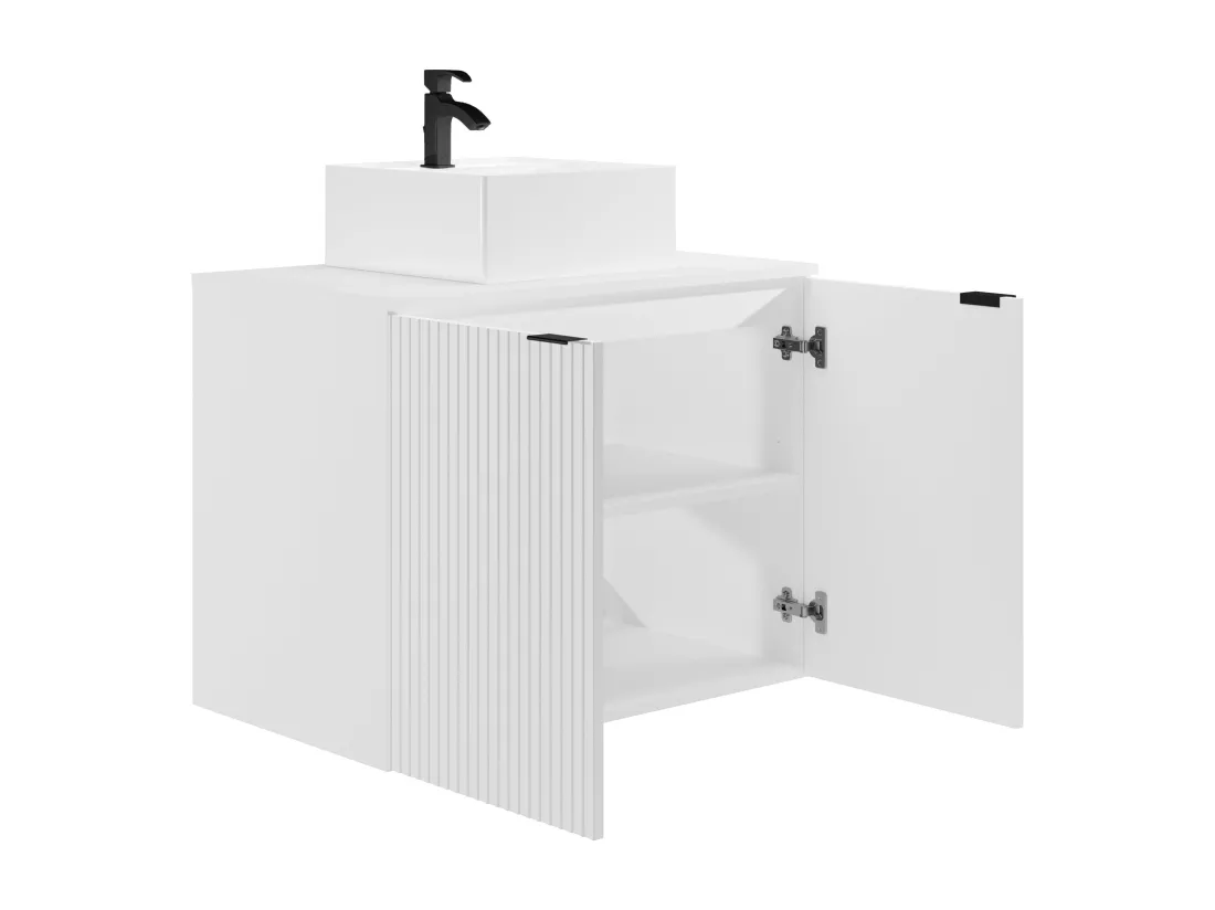 Meuble de salle de bain suspendu strié avec vasque à poser - Blanc - 80 cm - PARMIZA