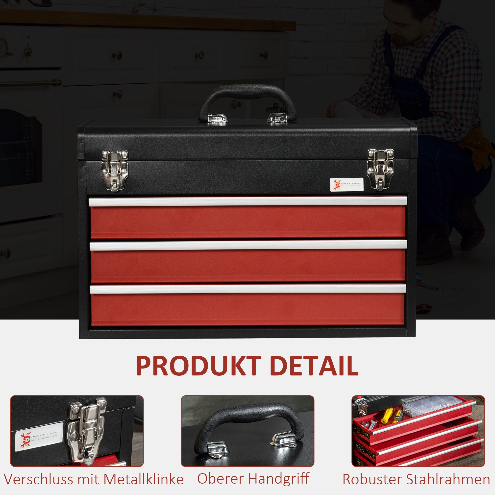 DURHAND Werkzeugkiste mit 3 Schubladen schwarz, rot 51L x 22B x 32H cm