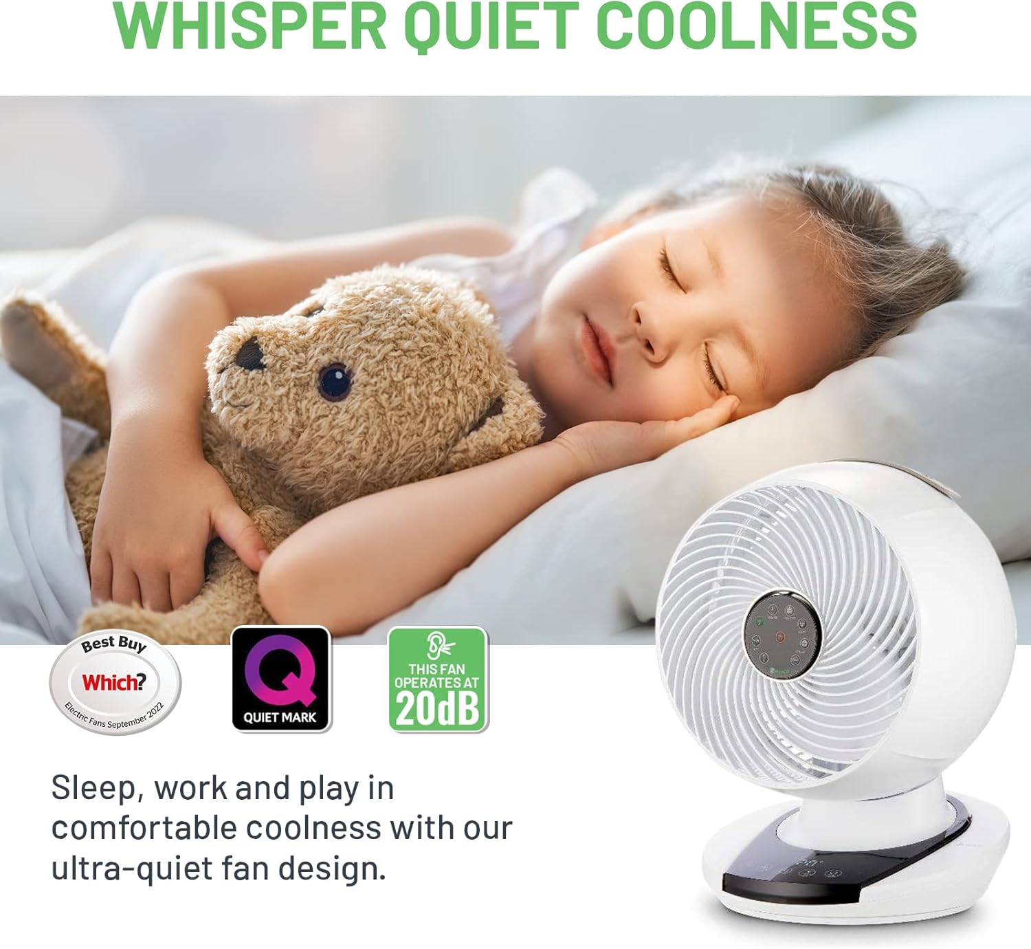 Meaco MeacoFan 1056 Circulateur d'air pour chambre à coucher, ventilateur de bureau, faible bruit, économie d'énergie, refroidissement dans toute la pièce - Blanc