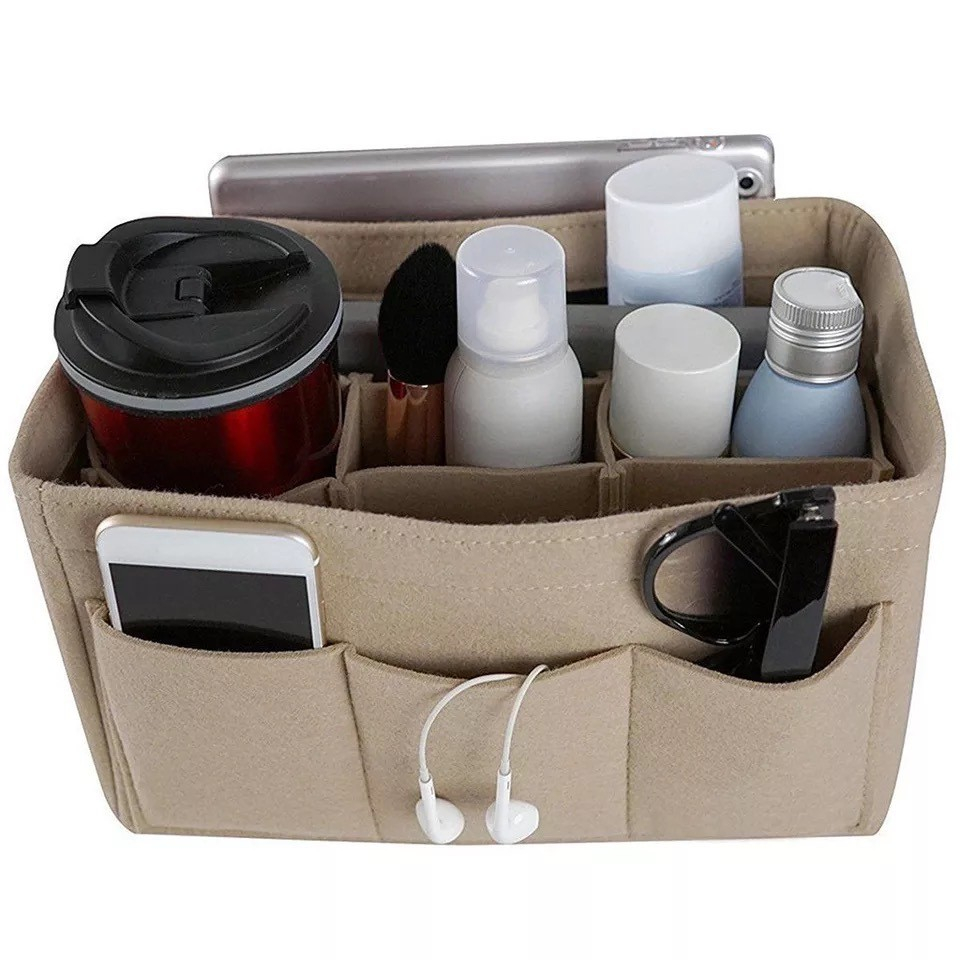 (26x16cm) Universal Handtaschen Einsatz Organizer Aufbewahrungs Stoff Taschenorganizer - Beige
