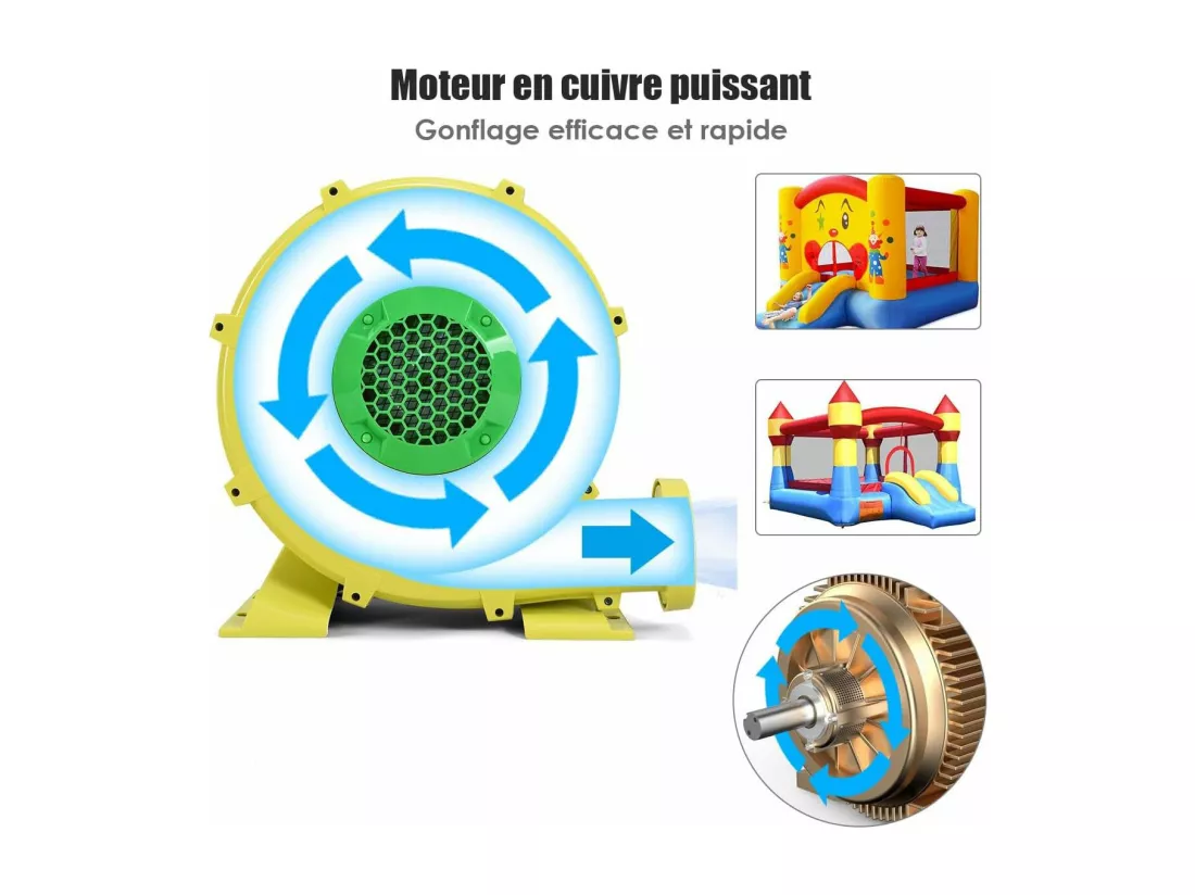 Gonfleur Électrique 850W pour Château Gonflable & Toboggan, Souffleur Électrique Résistant à Haute Température, 8 Piquets de Sol, Pompe Air Electrique, Jaune