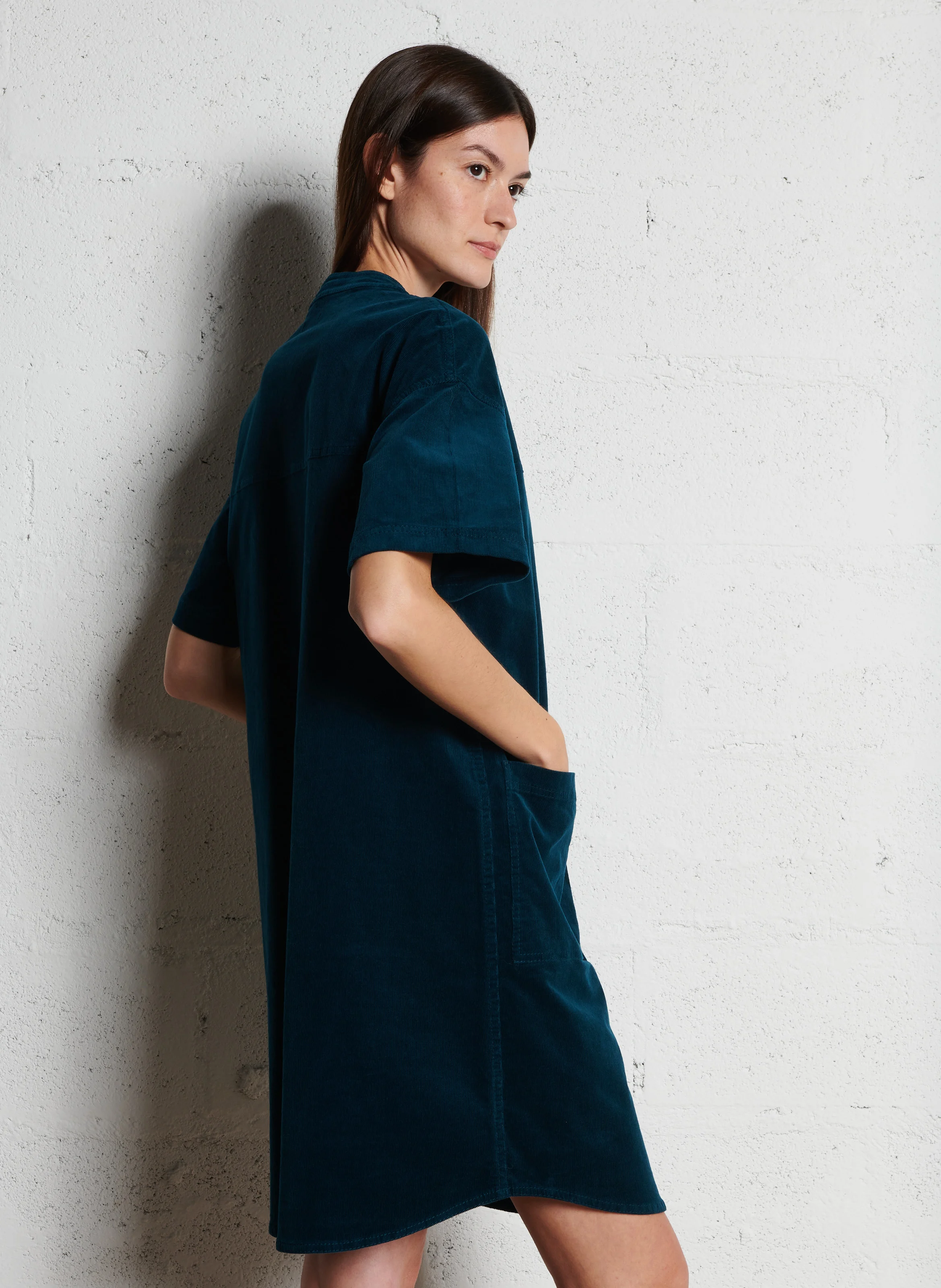 MARTHE - Robe chemise midi en velours côtelé | Bleu