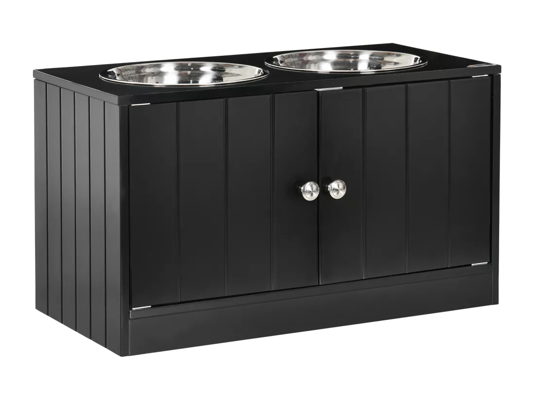 Gamelle double chien chat - porte-gamelles surélevé armoire 2 en 1 - 2 portes, 2 gamelles - acier inox. MDF noir