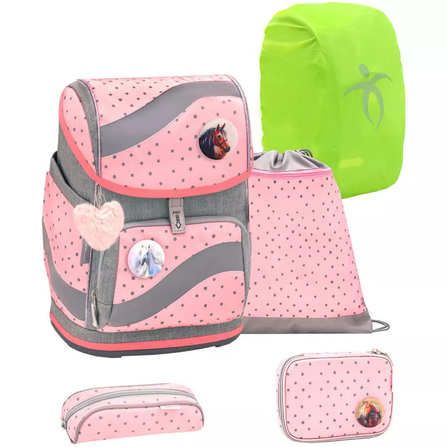 Belmil Schulranzen Smarty Schulranzen Set 6-teilig mit Brustgurt, Hüftgurt Pink Dots 2