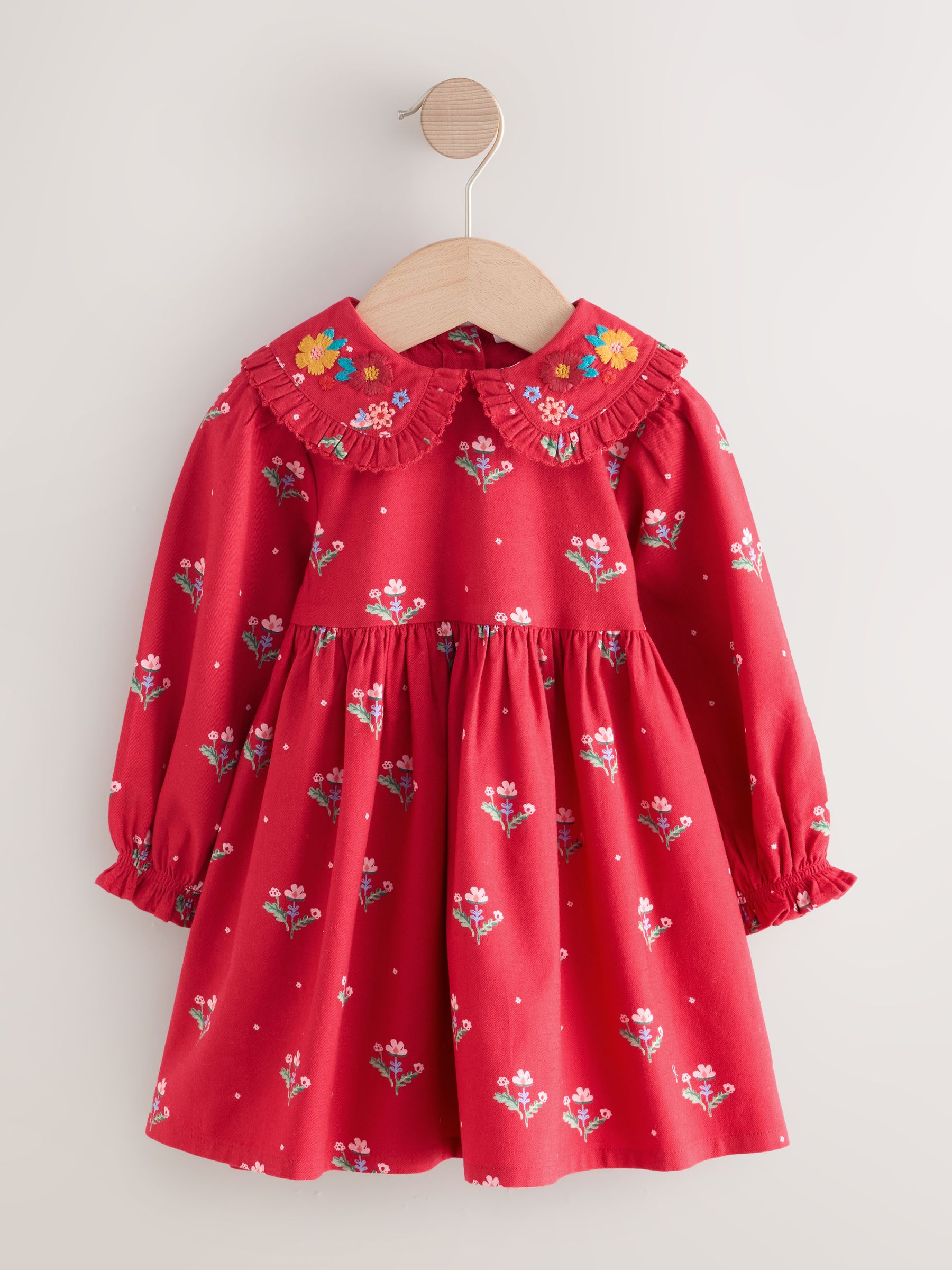 Rood gebloemd - Collar Long Sleeve Dress (3mths-8yrs)