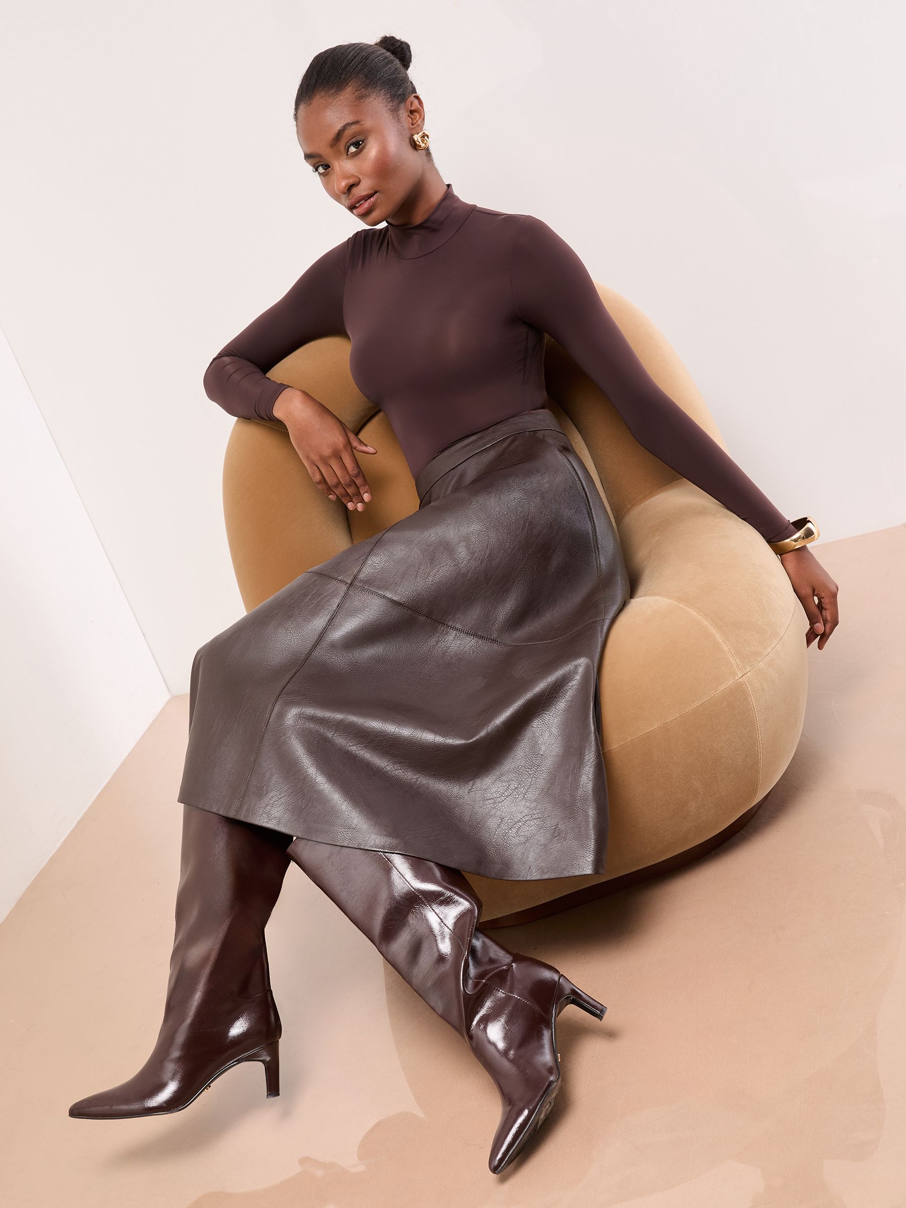 Chocolate Brown Faux Leather - Lipsy Textured Fit and Flared Midi Skirt