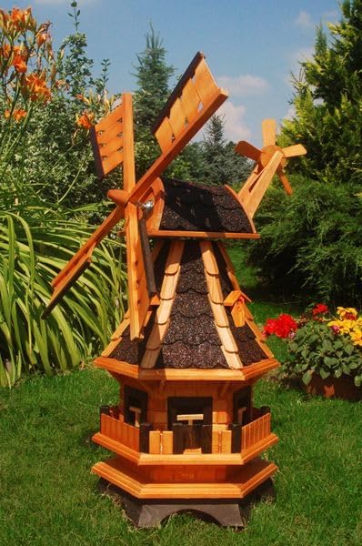 Windmühle aus Holz, kugelgelagert 1,0 m Bitum dunkel mit Beleuchtung Solar, Solarbeleuchtung, mit extra Windrad hinten am Kopf, imprägniert, Kugellager einstellbar, Gartenwindmühle, Windmühlen