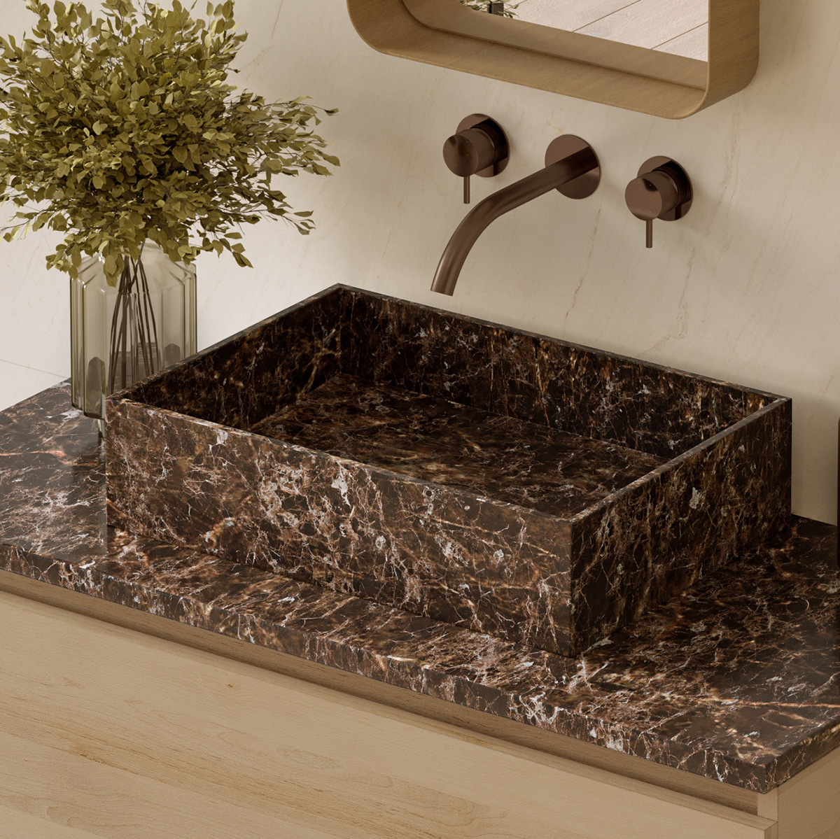 Fontana Dark Emperador badmeubel 100cm beach eiken met rechthoekige waskom en toppaneel