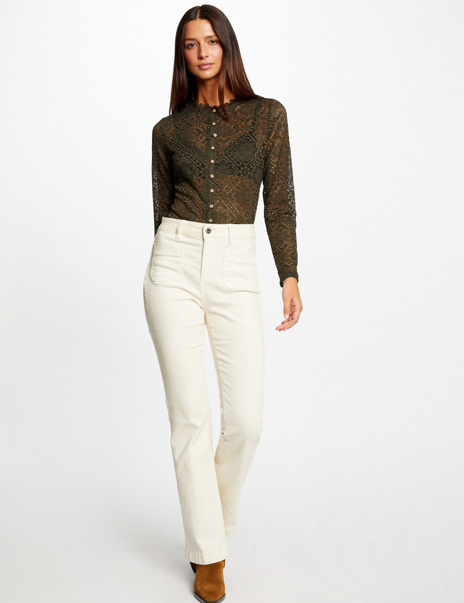 T-shirt manches longues en dentelle vert fonce femme - vert_fonce