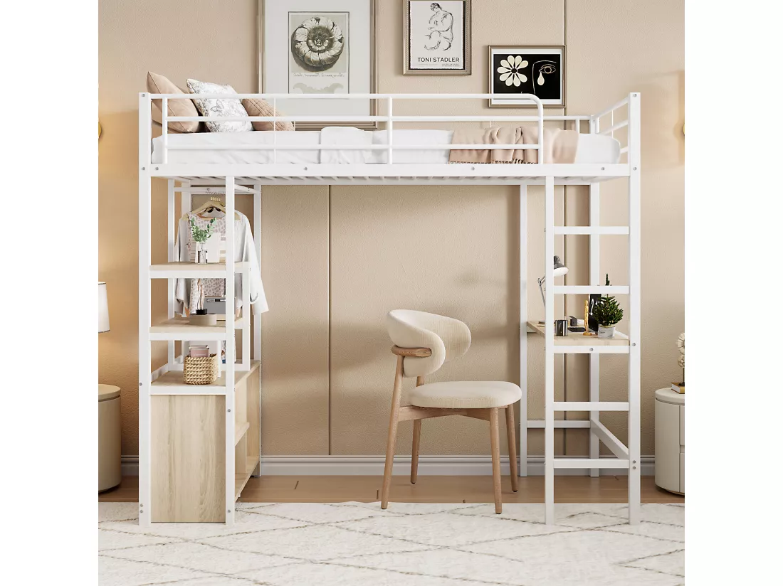 Lit mezzanine 90 x 200 cm avec bureau, prises USB, placard de rangement ouvert - Métal + MDF - Blanc (sans matelas)
