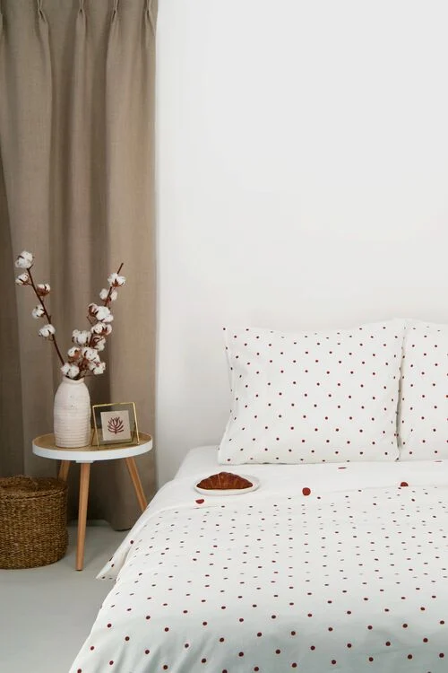 housse de couette 140x200/220 coton doux blanche à pois marron