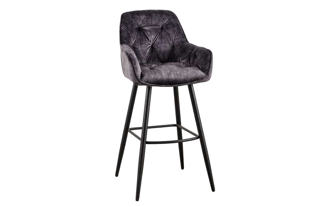 Design Barhocker MILANO grau Samt Barstuhl mit Lehne Metall schwarz Chesterfield-Steppung