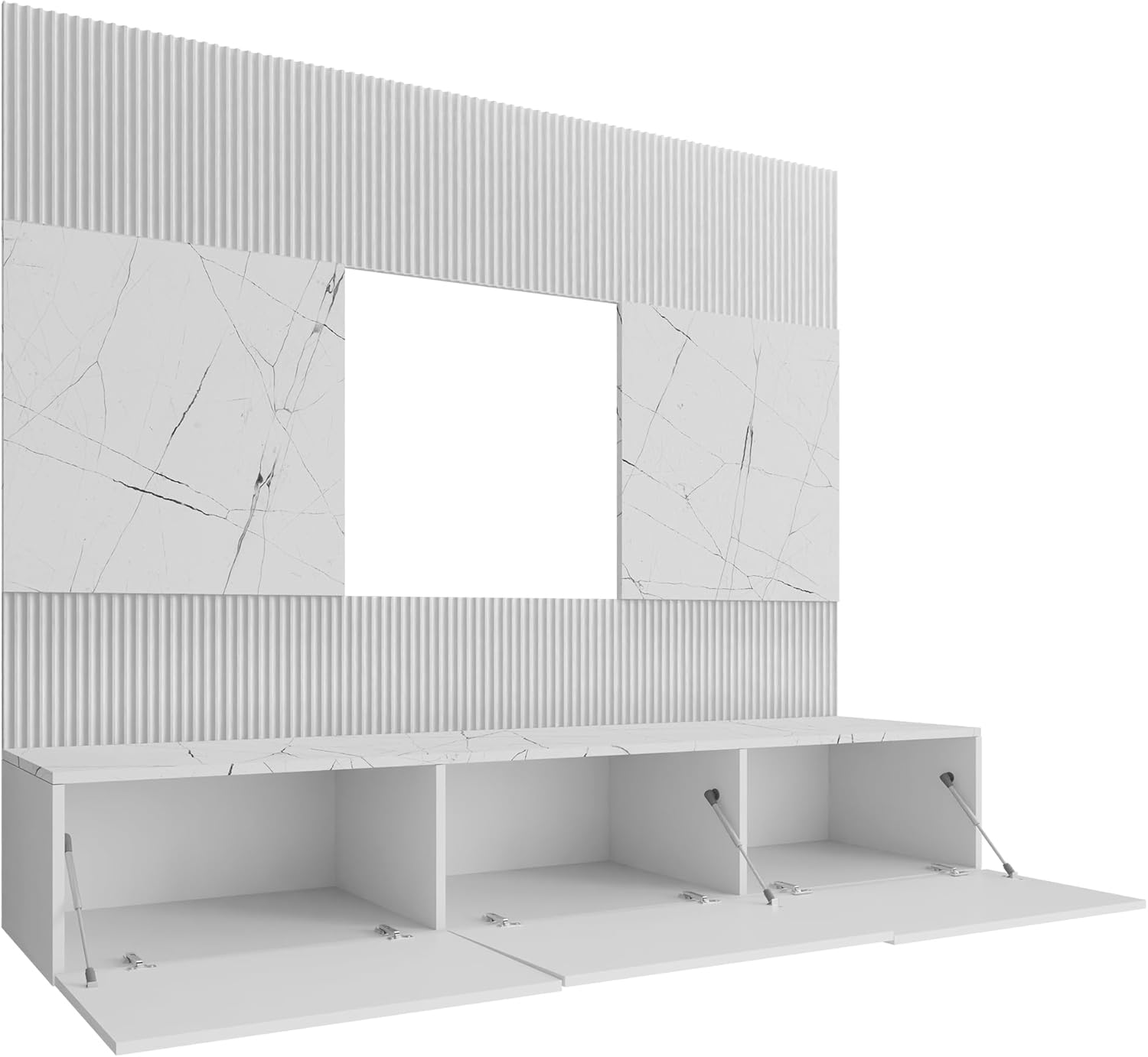 Mirjan24 Wohnwand Deromi, Anbauwand mit Wandpaneele und TV-Lowboard, Akustikplatten, Fernsehschrank, Schrankwand, Mediawand, TV-Lowboard (Weiß + Weiß Marmor, 1x Hängeregal)