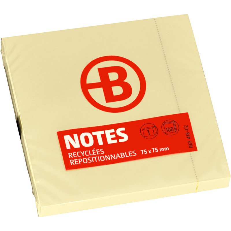 Notes repositionnables jaunes recyclées Bruneau - bloc de 100 feuilles