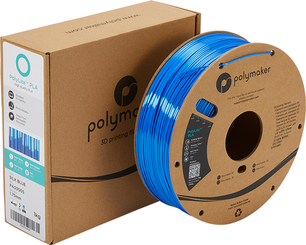 Polymaker  PolyLite Silk PLA Blue, 1,75 mm / 1000 g    Glänzendes Seidenfilament