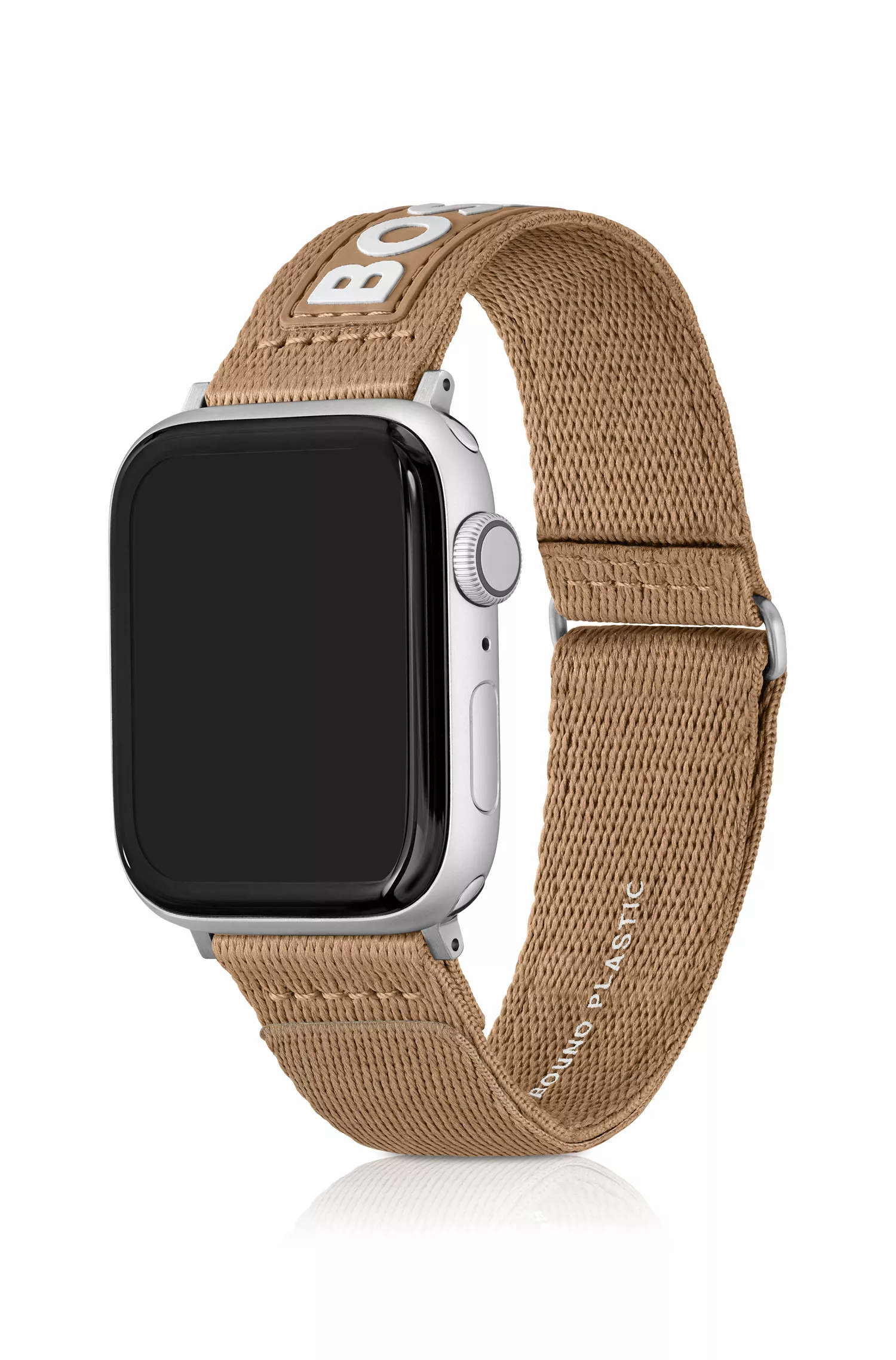 Pulseira BOSS em tecido na cor laranja-camelo para Apple Watch com logotipo contrastante.