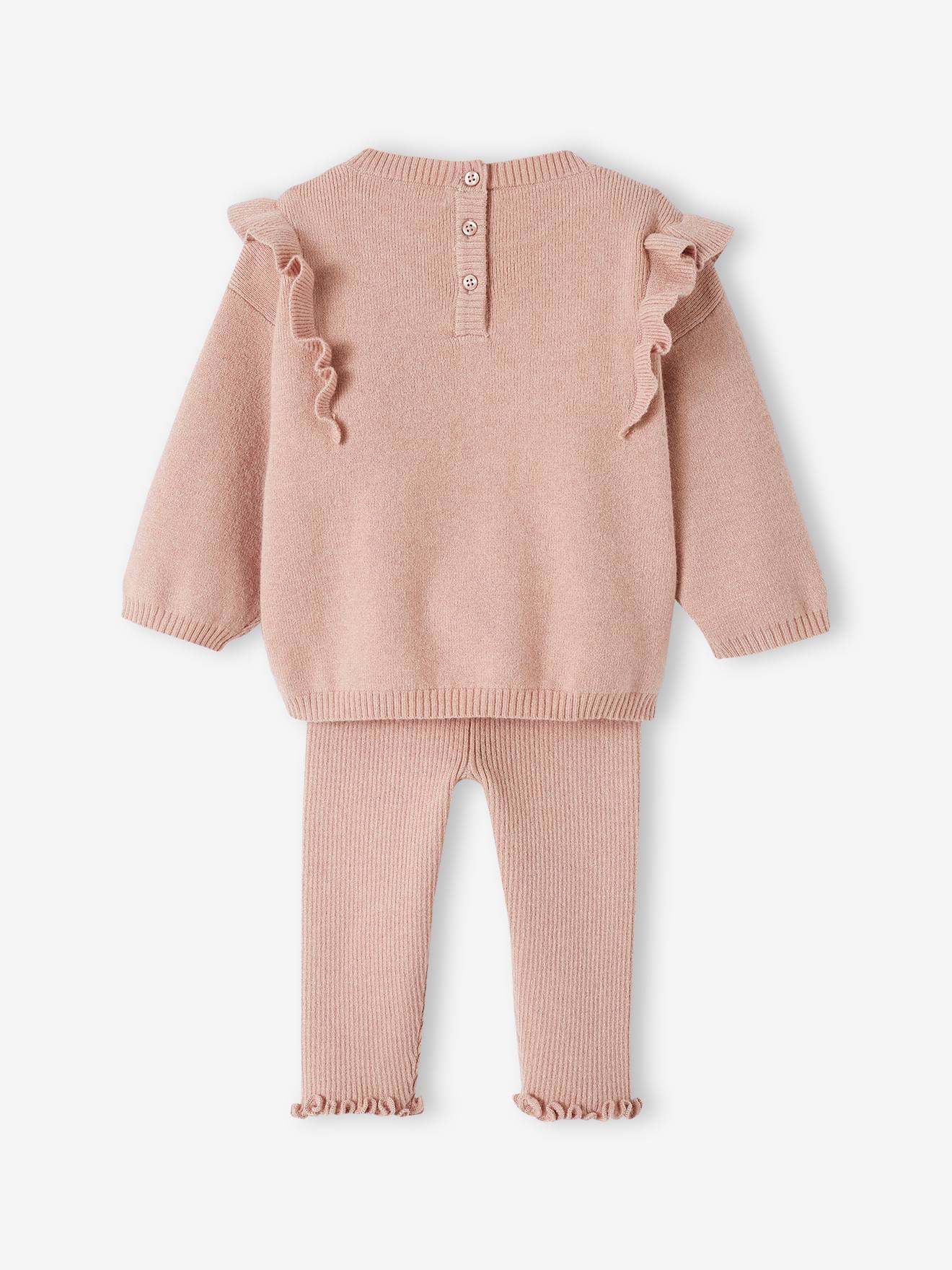 Conjunto de tricô para bebê: suéter + leggings rosa-maquiagem