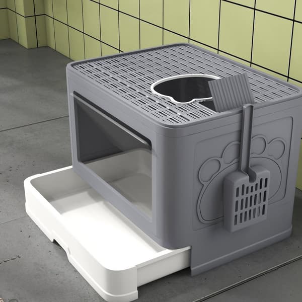 Kattesandboks Med Lokk Og Øse For Inntil 4 Kg, Innendørs, Plast, Grå, 48,5X38X36,5 Cm